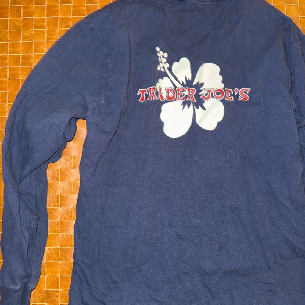 Trader Joe's Navy Long Sleeve Tee with White Hibiscus Logo